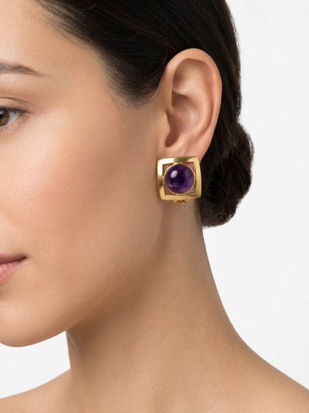 Gold-Tone Earrings with Purple Cabochon Agate